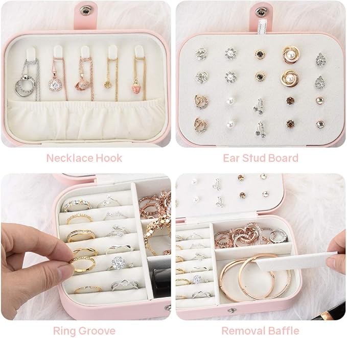 jiemei Jewelry Box, Travel Jewelry Organizer Cases with Doubel Layer for Women’s Necklace Earrings Rings and Travel Accessories(Pink)