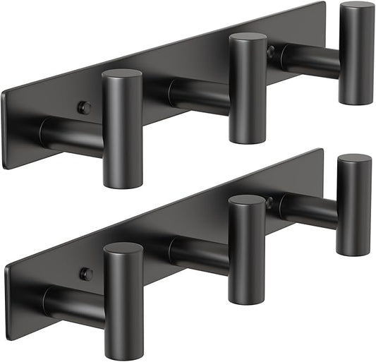 PMMASTO Coat Rack Wall Mounted, 3 "T Shaped Wall Hooks for Hanging, Heavy Duty Stainless Steel Coat Hook Rail for Hat Towel Robes in Bathroom Kitchen Mudroom Entryway (Black, 2PC)