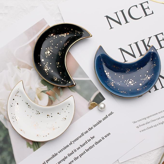 Soddeph Small Moon Ceramic Jewelry Tray, Decorative Trinket Dish, Ring Holder Plate, Modern Accent Tray for Bathroom, Nightstand, Entryway Table, Vanity (2, Black)