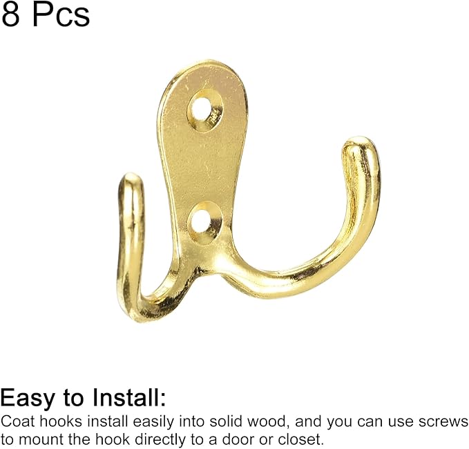 uxcell Wall Hooks, 8Pcs - Zinc Alloy Double Prong Retro Hook, Hooks for Hanging Towel Coat Backpack Clothes Scarf Keys Hat Cup (Gold)