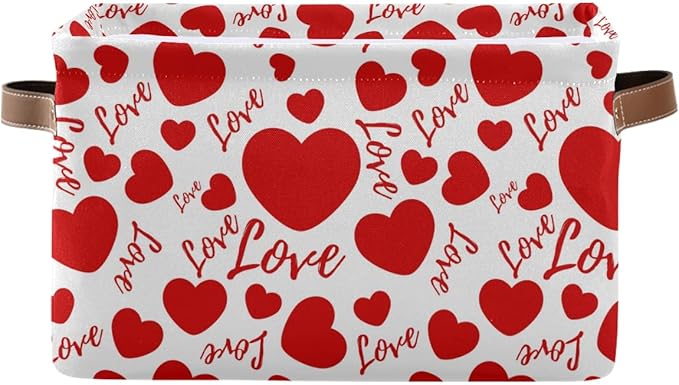 Large Foldable Storage Basket,Valentines Hearts and Love Storage Bin Fabric Collapsible Organizer Bag with Handles 15x11x9.5 inch