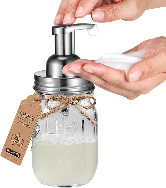 Amolliar Mason Jar Bathroom Accessories Set 4Pc - Foaming Soap Dispenser&2 Qtip Holders&Toothbrush Holder-Rustic Farmhouse Decor Bathroom Organizer Apothecary Jar Country Countertop (Brushed Nickel)