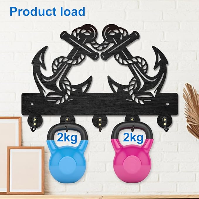 MAYJOYDIY Anchor Helm Wood Key Holder for Wall Nautical Sailor Rope Wall Mounted Key Hooks 11.8×7.9inch Coat Hanger Rack with 5 Alloy Hooks for Entryway Front Door Kitchen Office Decoration