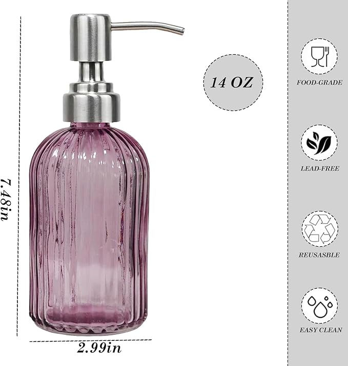 14Oz Purple Soap Dispenser Bathroom, Clear Glass Hand Soap Dispensers with Stainless Steel Pump, Refillable Dish Soap Dispenser for Kitchen, Countertop Soap Dispensers