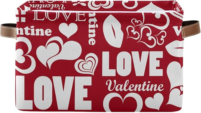 Love Lips Large Foldable Storage Basket,Valentine Pattern Storage Bin Fabric Collapsible Organizer Bag with Handles 15x11x9.5 inch