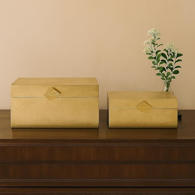 Vintiquewise Set of 2 Decorative Wooden Storage Boxes with Gold Accent – Boxes for Keys, Jewelry, Makeup, Accessories, Crafts, Gadgets, Home Office, Living Room, Bedroom & Entryway Décor, Gold