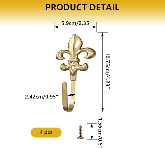 Decorative Wall Hooks for Hanging Things, Vintage Fleur De Lis Metal Coat Hooks, Heavy Duty Gold Rustic Hook for Key, Jewelry, Curtain Tie Backs, Towel, Hat, Small Decorative Hardware 4 Pack