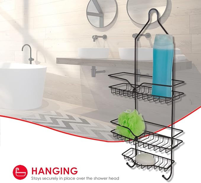 Home Basics Classic 2 Shelf Shower Caddy with Bottom Hooks and Center Soap Dish Tray, Bronze, Black