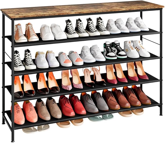 Shoe Rack Organizer 5 Tier Metal Organizer Shelf with Industrial MDF Board and Layer Fabric for Entryway Closet Bedroom Living Room Garage (Black+Rustic Brown, 5 Tier(47.2" W))