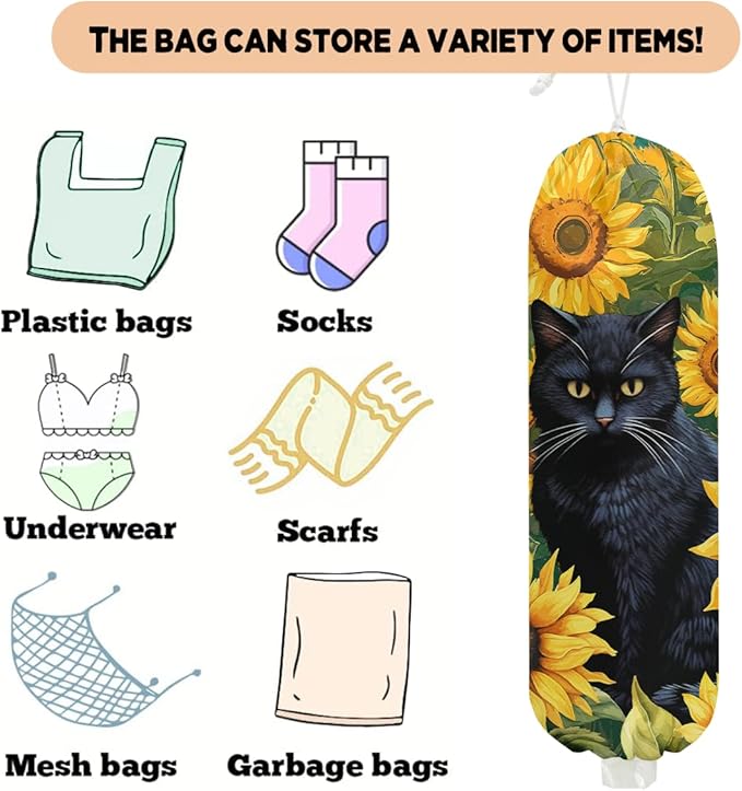 Sunflower Cat Plastic Bag Holder 22.5x9 Inch,Wall Mount Grocery Bag Holder for Plastic Bags,Reusable Large Grocery Bags Storage Dispenser,Home Kitchen Pantry Decor,Cat Gifts for Women Mom Grandma