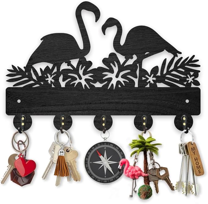 MAYJOYDIY Flamingo Flower Coat Rack Wall Mount Wood Key Holder for Wall 11.8×7.9inch Bird Tropical Leaves Decorative Wall Hooks 5 Alloy Hooks Hibiscus Flower Black Wall Hanger for Gifts Entryway Room
