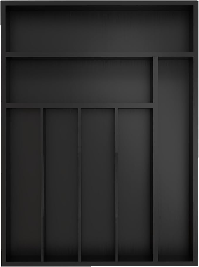 Bamboo Silverware Organizer, Kitchen Drawer Organizer, Utensil Holder, Cutlery Tray & Spoon Flatware Storage with Grooved Drawer Dividers (7 Slots, Black)
