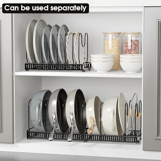 Expandable Pots and Pans Organizer Rack, Pot Lids Cutting Boards Kitchen Cabinet Organizer with 7 Adjustable Compartments, Cookware Bakeware Rack for Kitchen Cabinet Countertop Storage(Black)
