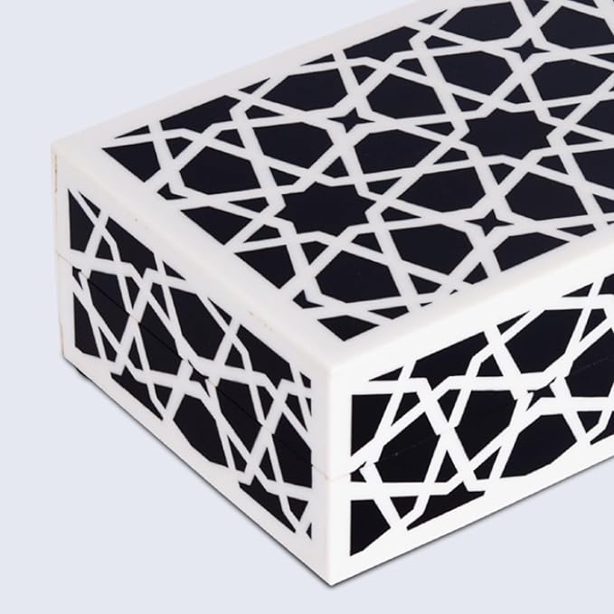 Handicrafts Home Decorative Storage Box with Lid– Black and White Box, Coffee Table Remote Control Organizer, Geometric Keepsake Box for Living Room, Shelf & Hallway Decor – Moroccan Zellij 10x4.5x2.5