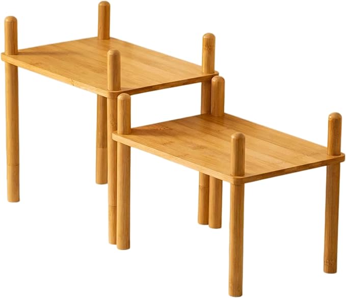 Bamboo Cabinet Organizer Set (2) - Counter Shelf Organizer & Bamboo Organizer Bins Fit, Expandable Cabinet Shelf Organizer for Kitchen Counter/Bathroom - Useful Home & Housewarming Gift(Medium)