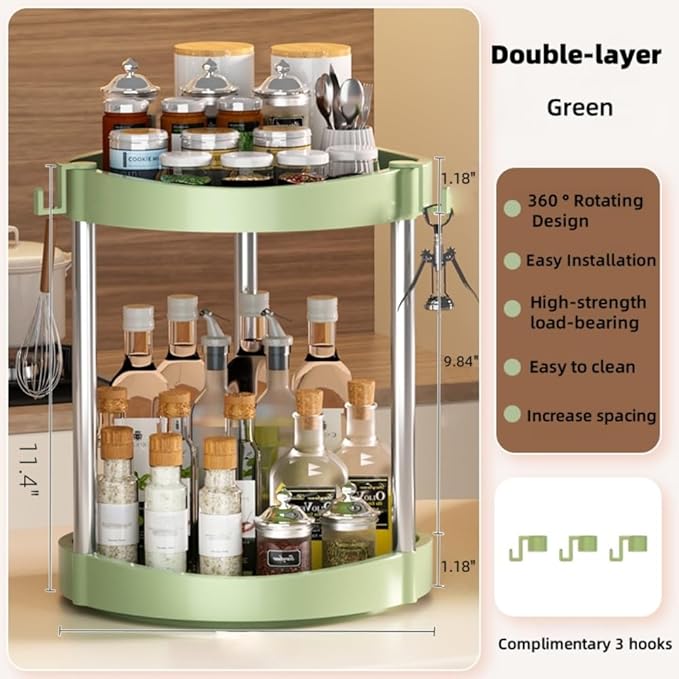 10.01" 2-Tier 360°Rotating Lazy Susan turntable Organizer Spice Rack Organization for Kitchen countertop and Cabinet pantry Organizers and storage(4Green, Extra Large)