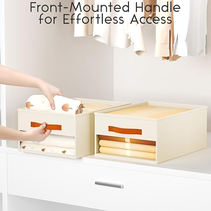 Drawer Organizers and Storage - 10 Pack Foldable Pants Organizer with Clear Window & Handles, Fabric Closet Organizer for Clothes, Jeans, Sweaters, Towels, T-shirt, Scarf (Beige)