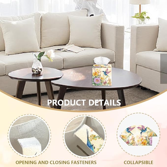 Flowers Tissue Box Holder, Hummingbird Square Tissue Box Cover Foldable Tissue Storage Box Waterproof Paper Towel Case Container Organizer Tissue Box Holder for Bedroom Office Bathroom Car