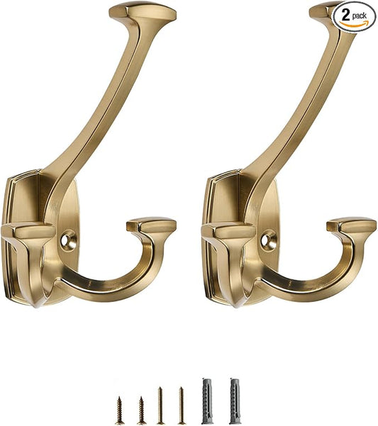 Champagne Bronze Hooks Large Wall Mounted Decorative Solid Heavy-Duty Double-Sided Coat Hooks for Hanging Towels Coats Robes Towels Bag Bathroom Wall Hooks (2 Pack)