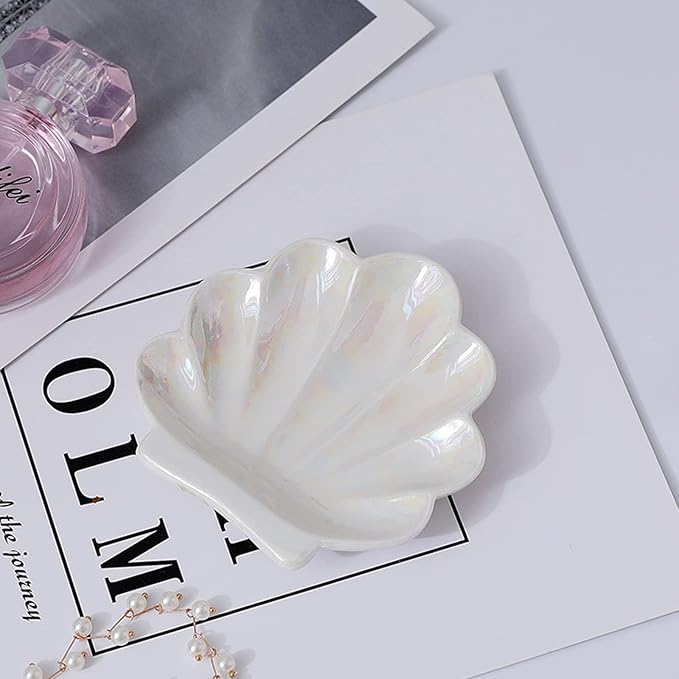 Shell Trinket Dish, Ceramic Ring Holder/Jewelry Tray, Cute Organizer Plate Vanity Decorations Accessories for Home DÃ©cor Bathroom Valentine's Friendship Birthday Christmas Gift for Women