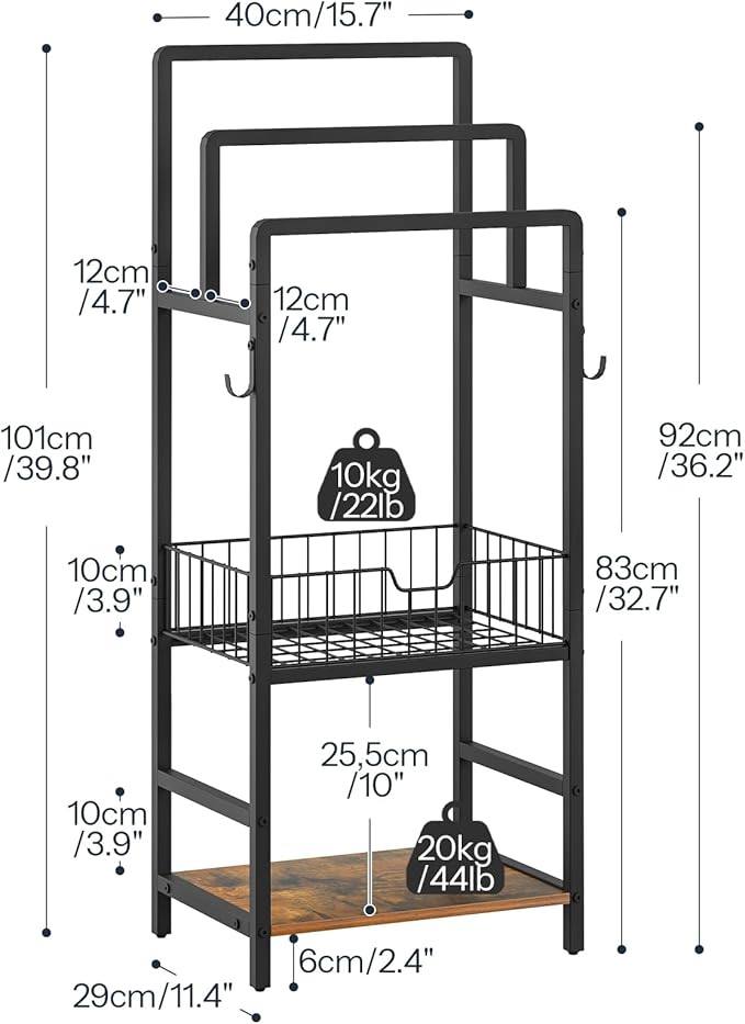 HOOBRO Free Standing Towel Rack, Blanket Rack with 3 Towel Bars, Storage Basket and Shelf, Towel Holder with Hook, Blanket Organizer, for Bathroom and Laundry, Black and Rustic Brown BF13LB01