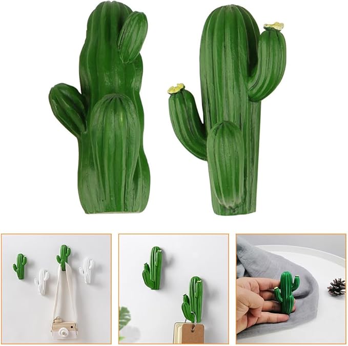 Amosfun 2-Pack Self-Adhesive Cactus Wall Hooks 3.15 X 1.77 X 1.38 Inches Creative Green Plastic Wall-Mounted Storage Hooks for Home Entryway Bathroom Decoration