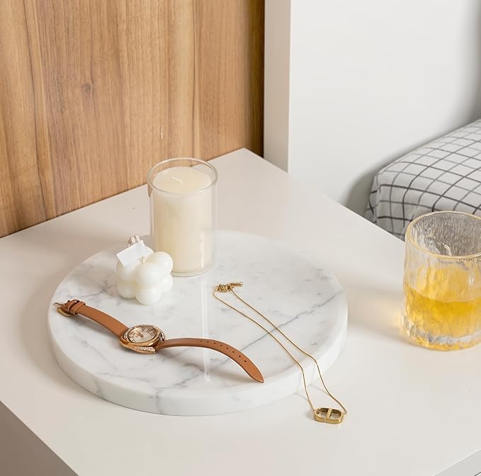 Natural Marble Decorative Tray for Bathroom Bedroom Kitchen Dresser, 9.8â Round Vanity Trays for Jewelry, Perfume, Cosmetic, Candle, Countertop Storage Organizer for Home Decor White, Arabescato