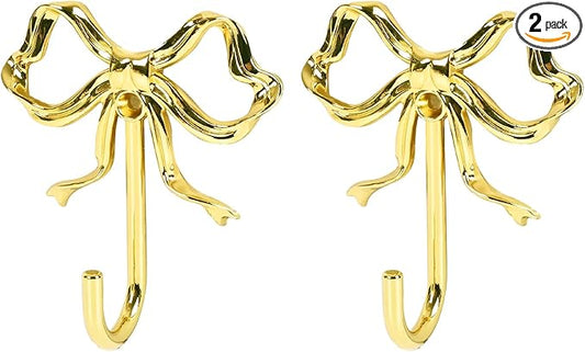 2 PCS Large Size Gold Bow Wall Hook,Decorative Gold Coat Hooks for Bathroom,Bedroom,Living Room - Heavy Duty Metal Towel Hooks for Hanging Robes,Hats,Bags,Keys,Coffee Mugs