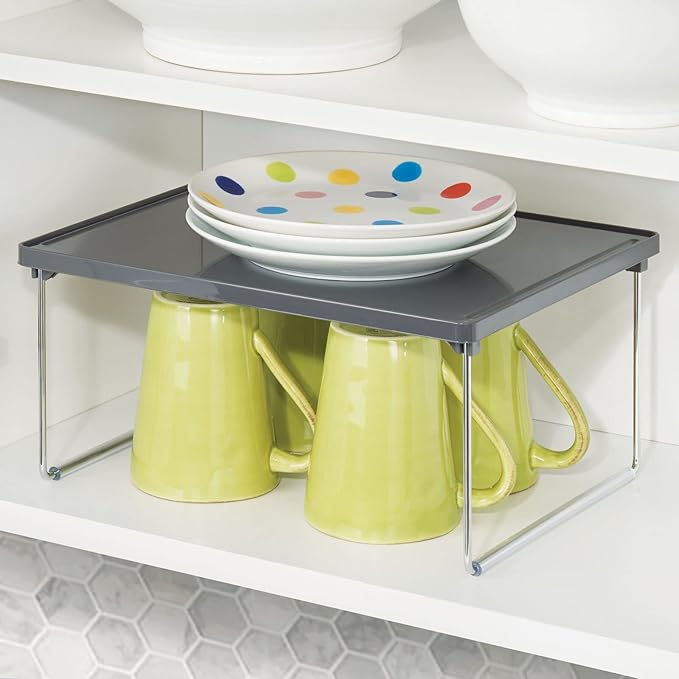 mDesign Metal Stacking Storage Organization for Shelves Inside Closet in Bedroom, Bathroom, Hall, Entryway - Organizer Stand for Clothing, Linen, Household Items, Ligne Collection, 4 Pack, Dark Gray