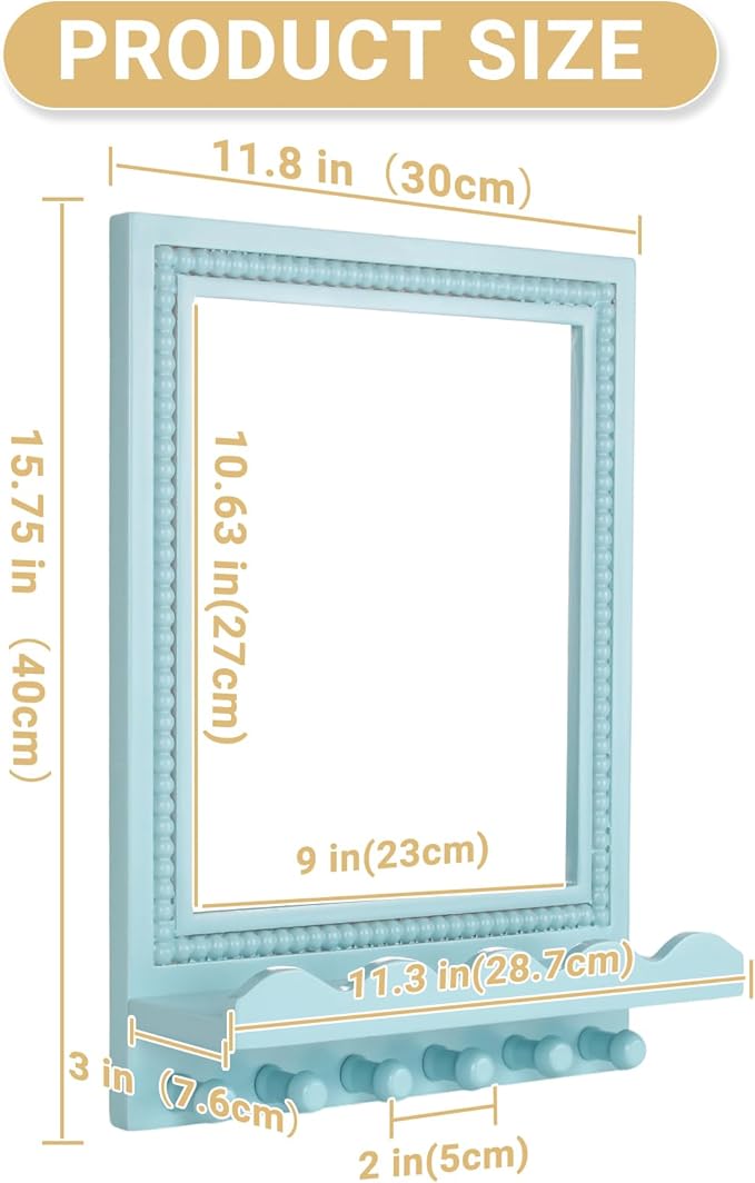 Tirzah 16x12 Inch Wall Mount Beaded Wood Framed Mirror with Shelf and 6 Hooks, Blue Decorative Entryway Mirror with Storage for Laundry Room, Bathroom, Bedroom