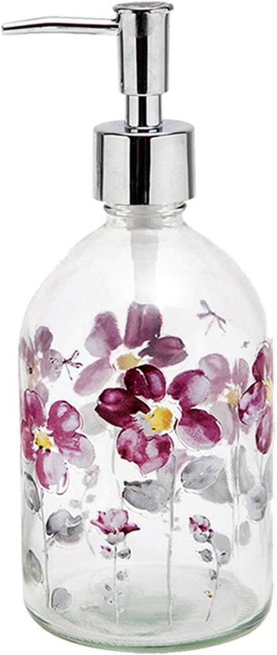 17oz Glass Soap Dispenser with Plastic Pump for Kitchen and Bathroom, Refillable Liquid Clear Bottle for Dish Soap & Hand Soap(Flower)