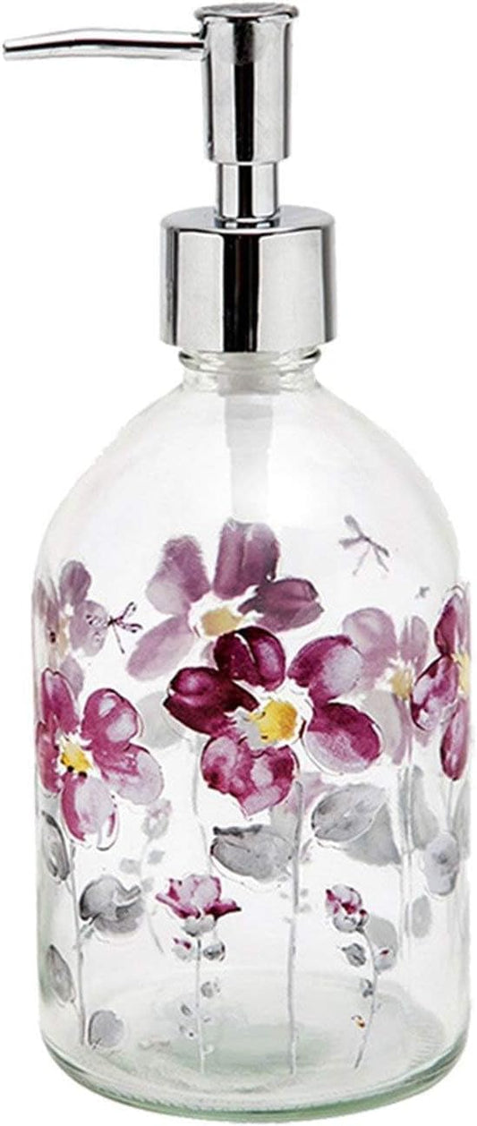 17oz Glass Soap Dispenser with Plastic Pump for Kitchen and Bathroom, Refillable Liquid Clear Bottle for Dish Soap & Hand Soap(Flower)