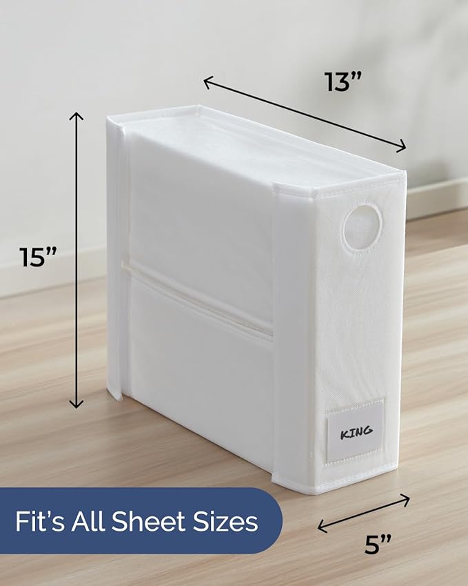 4 Pack Sheet Organizers - Foldable Storage Sheets Set Organizer for Linen Closet - King & Queen Size - Folder Keeper with Window XL - Blanket, Duvet & Pillowcases Dustproof Bedding Container - White