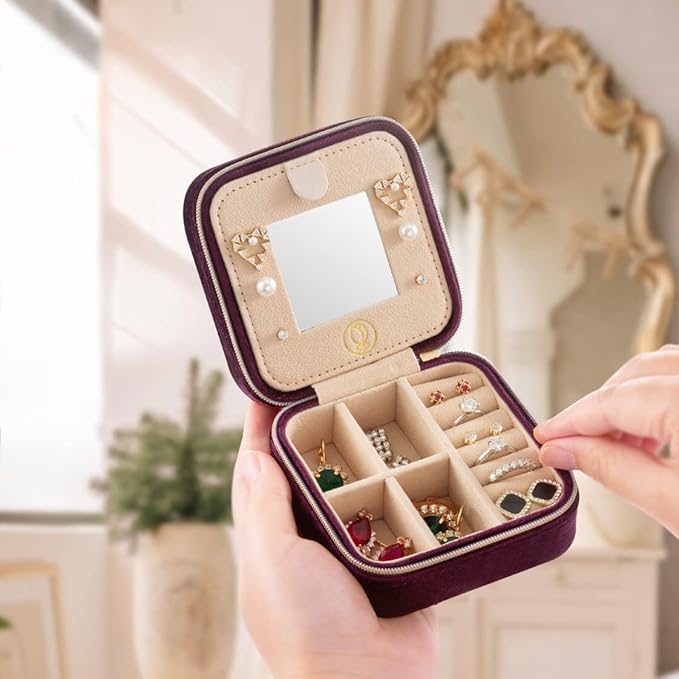 Plush Velvet Travel Jewelry Case, Travel Jewelry Organizer, Jewelry Travel Case, Travel Jewelry Box, Small Jewelry Case, Jewelry Travel Box, Earring Organizer with Mirror - Purple 4packs