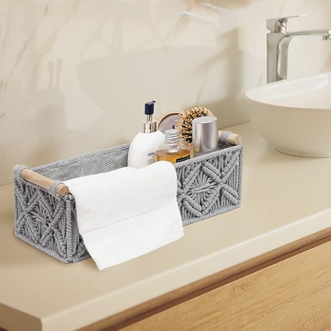 Macrame Storage Basket Boho Decor Baskets for Organizing Woven Decorative for Countertop Toilet Paper Basket for Tank Top for Home Decor Bedroom Nursery Livingroom Entryway (Set of 2,Grey)