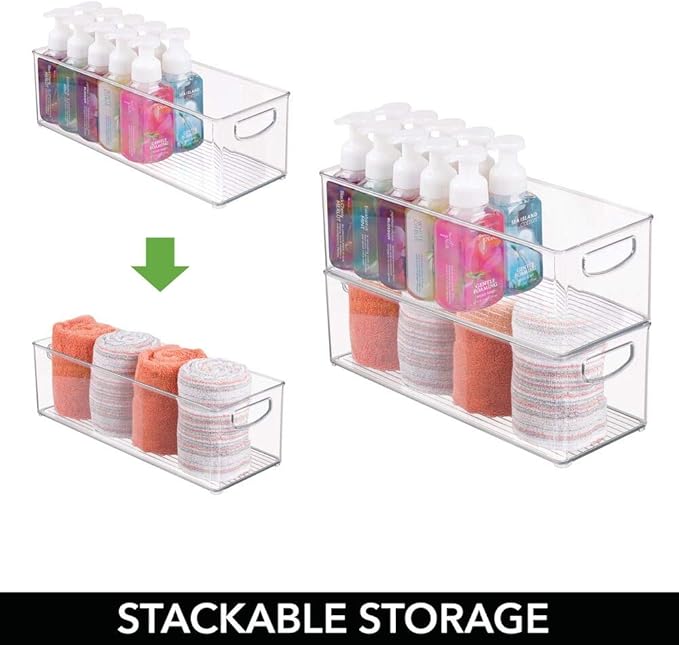 mDesign Plastic Bathroom Storage Container Bins w/ Handles - Closet, Cabinet, Vanity, Cupboard Shelf Organization, Hair Tools Accessory Organizer - Ligne Collection; Clear, 16x6x5 (Pack of 4)