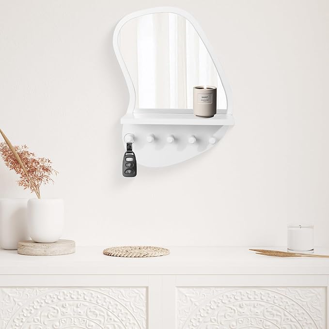 SANY DAYO HOME Wall Mount Wood Frame Irregular Mirror with 5 Wooden Hooks and Shelf, Modern Decorative Hanging Mirror for Entryway, Bedroom, Living Room (16″ x 12″, White)