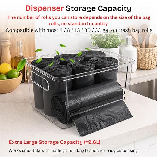 Trash Bag Dispenser with Front Opening, Stackable Garbage Bag Holder for Kitchen & Home, Fits 2.5 Gallon Bags, Includes Reusable Gloves, Adhesive Anti-Slip Pads & 15 Trash Bags–Extra Large Organizer