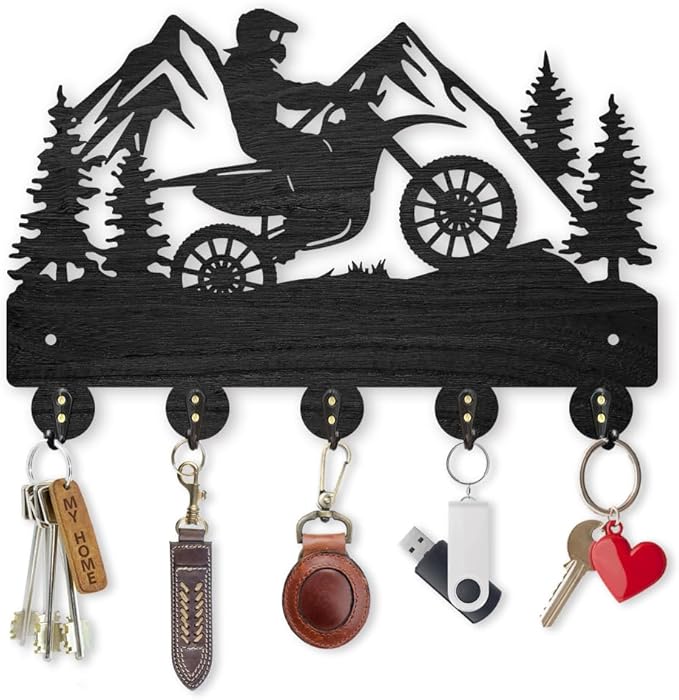 MAYJOYDIY Motorcycle Mountain Forest Coat Hooks, Wall Mounted 11.8x7.9in, 5 Alloy Hooks, Rust Resistant, Wooden Key Holder, Black, 35 Pound Weight Capacity