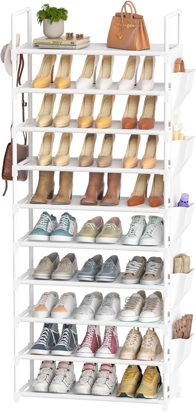 Tall Shoe Rack 10 Tier Shoe Racks Organizer for Closet 30-35Pairs,Large Capacity Storage Rack for Shoes with 5Hooks and Side Pocket,Sturdy Metal Shoe Shelf, Vertical Shoe Stand Tower