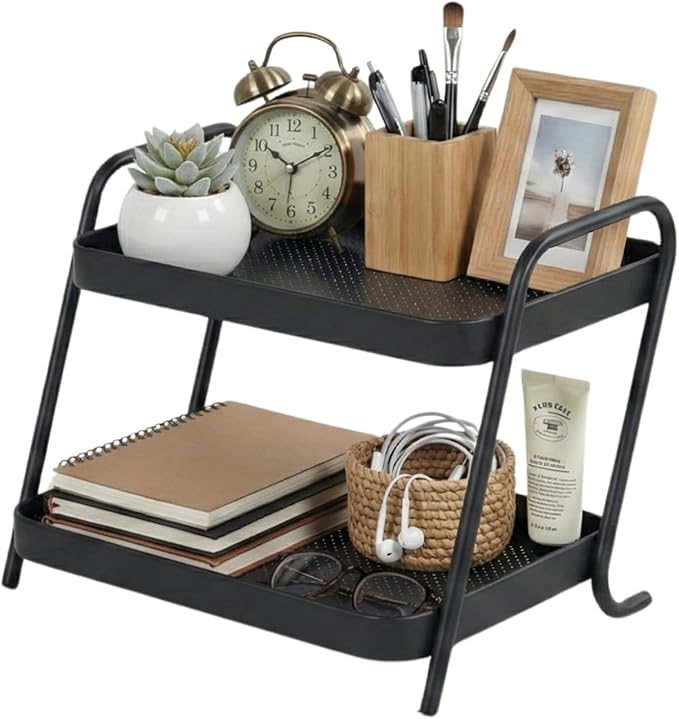 Desk Organizer 2-Tier Storage Shelves Multifunctional Desktop Organizer for Office, Dresser, Kitchen, Adjustable Compact Storage Solution for Cosmetics, Office Supplies, Condiments, and Food