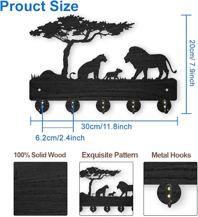 MAYJOYDIY Lion Prairie Tree Wooden Key Hooks Wall Mounted 11.8x7.9inch 5 Alloy Hooks Family Key Hanger Wildlife Animal Wall Art Decor Gift
