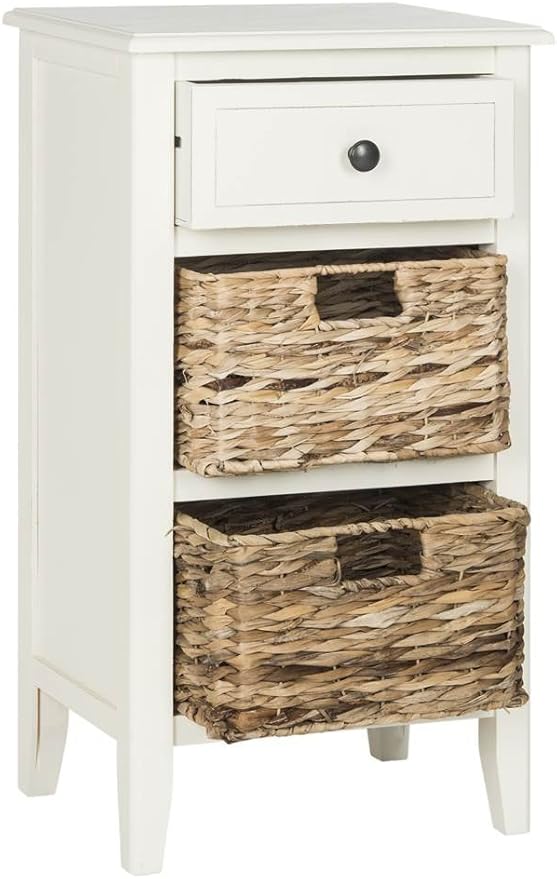 SAFAVIEH Home Collection â Everly Vintage White 3-Drawer Side Table with Woven Basket Storage, Fully Assembled Coastal Cottage Accent Table (AMH5743B)
