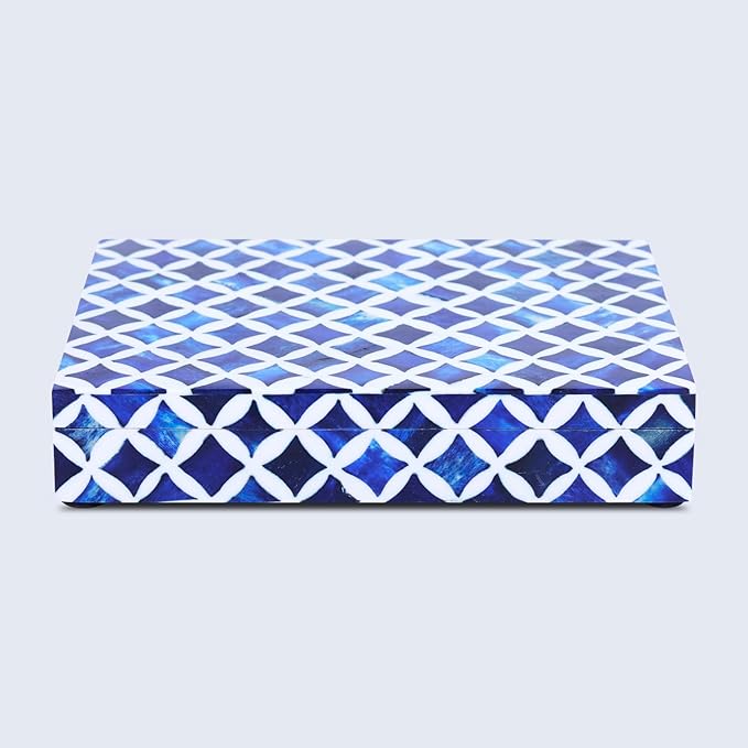 Handicrafts Home Decorative Storage Box with Lid- 6x8x1.5” Small Keepsake, Trinket Box, Memory Box- Decorative Boxes for Home Decor, Centre Table, Giftable Storage Accent- Blue White Star
