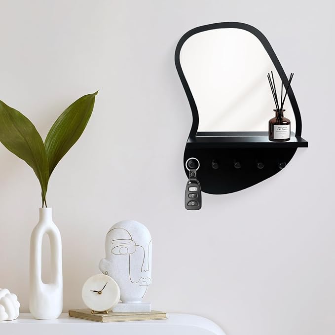 SANY DAYO HOME Wall Mount Wood Frame Irregular Mirror with 5 Wooden Hooks and Shelf, Modern Decorative Hanging Mirror for Entryway, Bedroom, Living Room (16″ x 12″, Black)