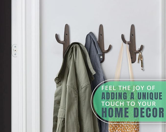 Comfify Set of 3 Hooks Cast Iron Cactus Double Wall Mounted Hooks/Hangers - Decorative Wall Mounted Hooks for Coats, Bags, Towels and More - w/Screws and Anchors Included - Brown