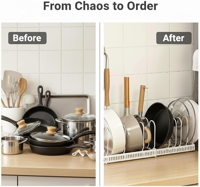 Expandable Under Cabinet Organizer Rack for Pots, Pans, Lids & Bakeware - Adjustable 10-Compartment Kitchen Storage Holder for Cabinet Door, Fits Cutting Boards, White, Expandable 11.81''-22.85''