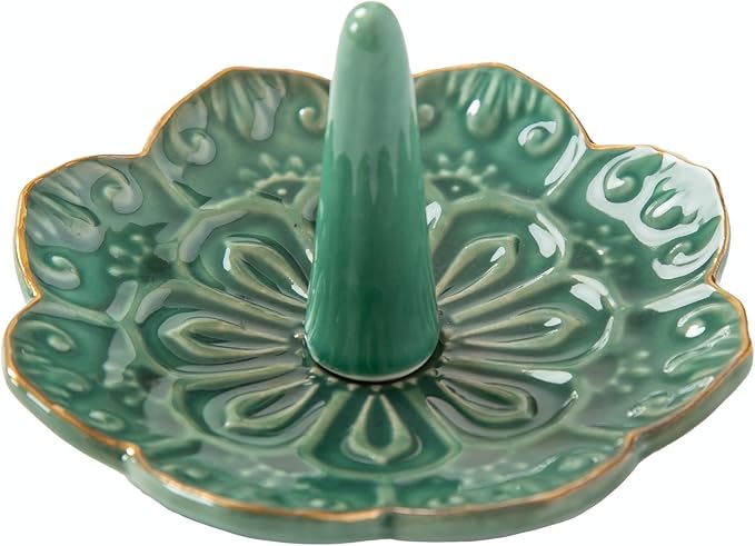HOMEGOAL Ceramic Ring Holder Dish for Jewelry, Decorative Mandala Jewelry Tray for Rings Earrings Necklaces Watch Keys, Aesthetic Room Decor, Birthday Engagement Wedding Gifts for Women (Green)