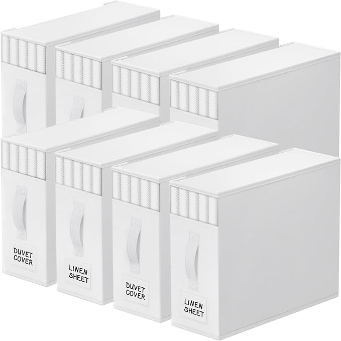 8 Pack Bed Sheet Closet Organizers and Storage,Sturdy Foldable Storage Containers with Window and Label,Storage and Organization for Bedding Sheets,Duvet Covers,Blankets (White)