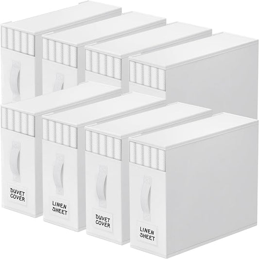 8 Pack Bed Sheet Closet Organizers and Storage,Sturdy Foldable Storage Containers with Window and Label,Storage and Organization for Bedding Sheets,Duvet Covers,Blankets (White)